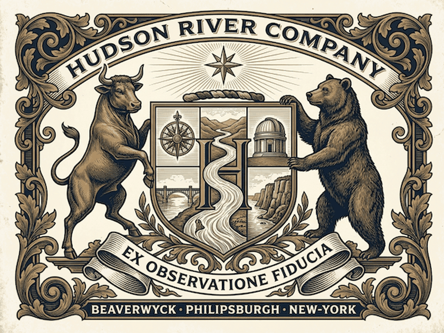 Hudson River Company arms: a bull and a bear supporting a shield bearing a river, compass and observatory, with the motto Ex Observatione Fiducia